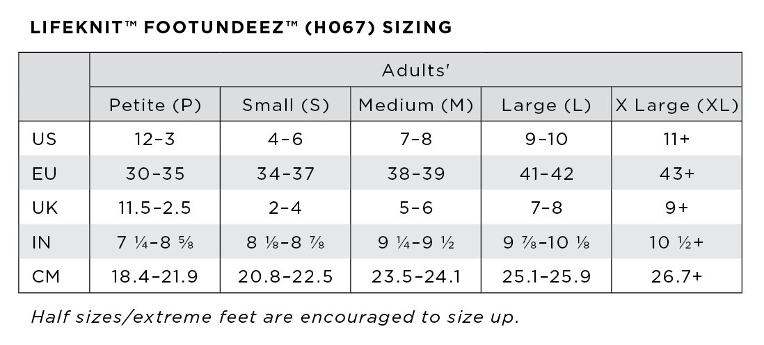 Lifeknit footUndeez Sizing
